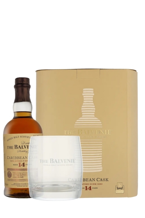 Whisky Balvenie 14 YO Caribbean Cask 0,7l - elegancki zestaw ze szklanką